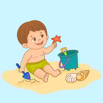 Little boy playing in the sand on the beach with beach toys vector