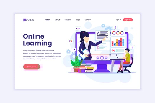 Landing page design concept of Online Learning, Webinar and online education. Student learning online at home. Online video courses. vector illustration