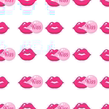 Seamless pattern of chewing gum with lips for the wedding or Valentine's Day. vector
