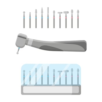 Vector cartoon illustration of dental drill with burs set isolated on white background.