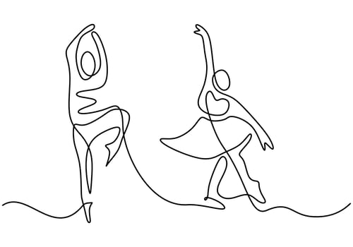 Continuous line drawing of loving couple woman and man dancing. Energetic young couple dance of man and girl isolated on white background. Hand drawn dancer picture silhouette. Vector illustration