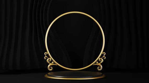 Pedestal isolated on black background with gold frame photo