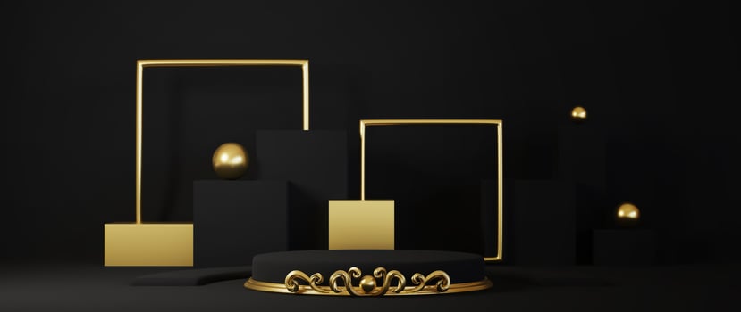 Pedestal isolated on black background with gold frame photo