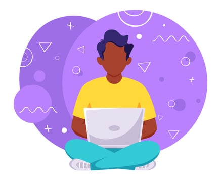 Black man working on laptop. Freelance, online studying, remote work. Vector illustration