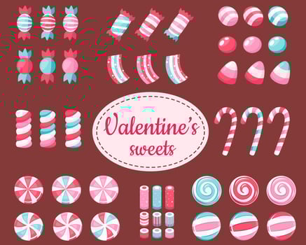 Happy Valentine's Day. Big set of Valentine's sweets and candies . Vector illustration.