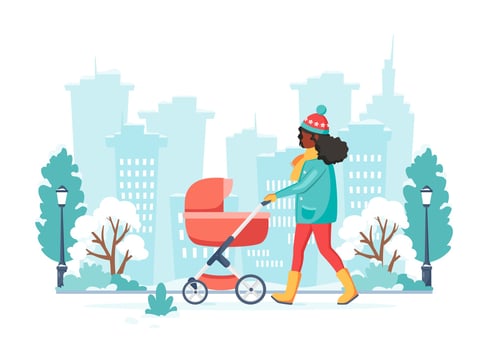 Black woman walking with baby carriage in winter. Outdoor activity. Vector illustration