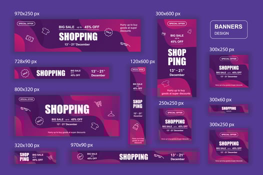 Collection web banners different sizes for mobile and social networks poster shopping ads and marketing material vector