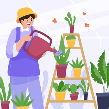 Man Watering Plants in Greenhouse vector