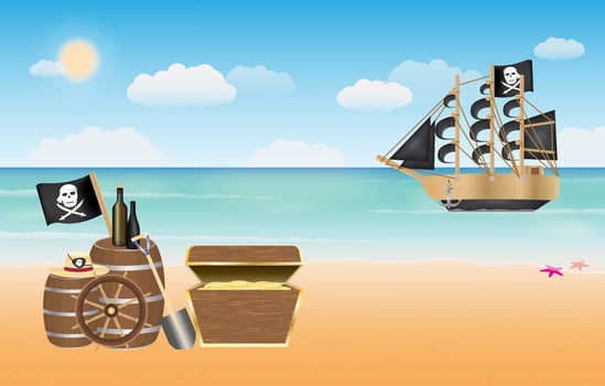 pirate treasure with pirate ship scene at beach vector