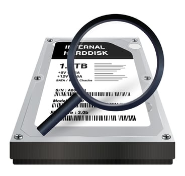 internal hard disk with a magnifying glass scanning vector