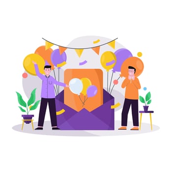 Flat vector illustration of festive birthday celebration with balloons and gifts