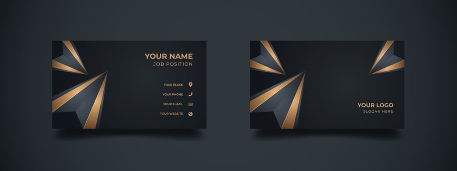 Business card with abstract 3d polygonal shape in elegant golden color. Abstract diamond background with the dark banner for corporate or company. Ready to print vector illustration.
