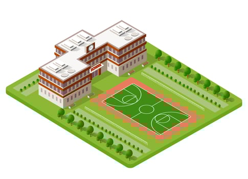 School isometric building study education urban infrastructure for conceptual design vector illustration with houses and streets.