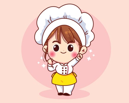 Cute chef girl smiling in uniform mascot cartoon art illustration vector