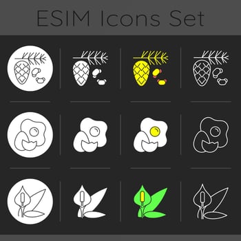 Cause of allergic reaction dark theme icons set vector
