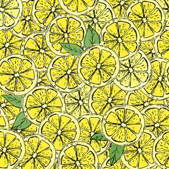 Hand drawn colorful seamless pattern of hand drawn lemons and green leaves. Perfect for textile manufacturing wallpaper posters and web. vector
