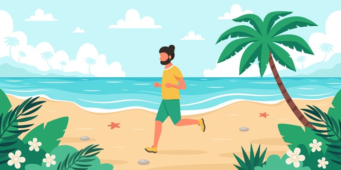 Leisure time on beach. Man jogging. Summer time. Vector illustration