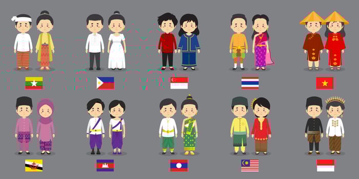 Set Asian Characters with Traditional Dresses vector