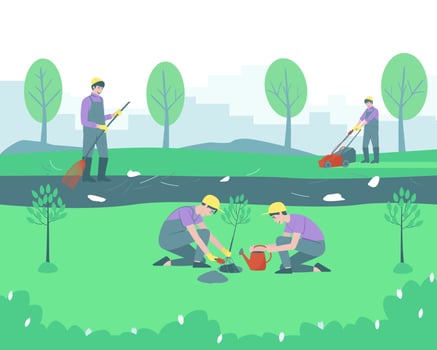 Gardeners and volunteers are cleaning the park vector