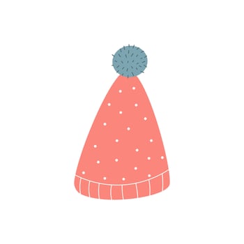 Cute knitted hat with a pompom. Hand-drawn vector illustration in Doodle style. Winter and autumn accessory. Design for printing, postcards, packages