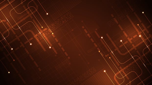 Diagonal electronic circuit design on dark orange background vector