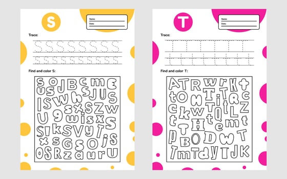 Set trace letter worksheet a4 for kids preschool and school age Game for children Find and color vector