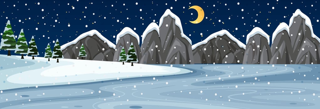 Snow horizontal scene with mountain landscape at night vector