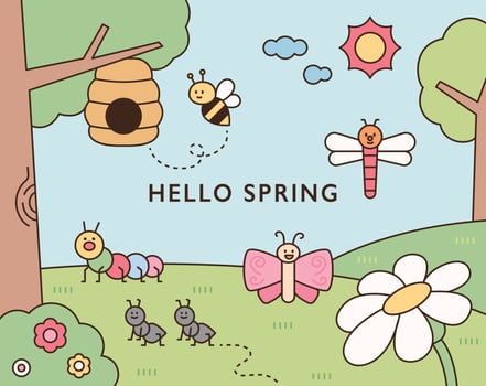 Cute insects live in the natural background with flowers and trees vector