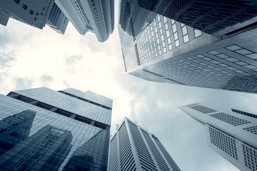 View of modern business skyscrapers glass and sky view landscape of commercial building in central city photo