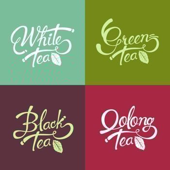 Vector set of templates packaging tea, logo, label, banner, poster, identity, branding. Stylish design for black tea - green tea - white tea - oolong tea