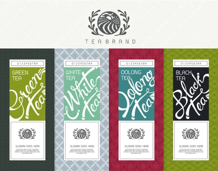 Vector set of templates packaging tea, logo, label, banner, poster, identity, branding. Stylish design for black tea - green tea - white tea - oolong tea
