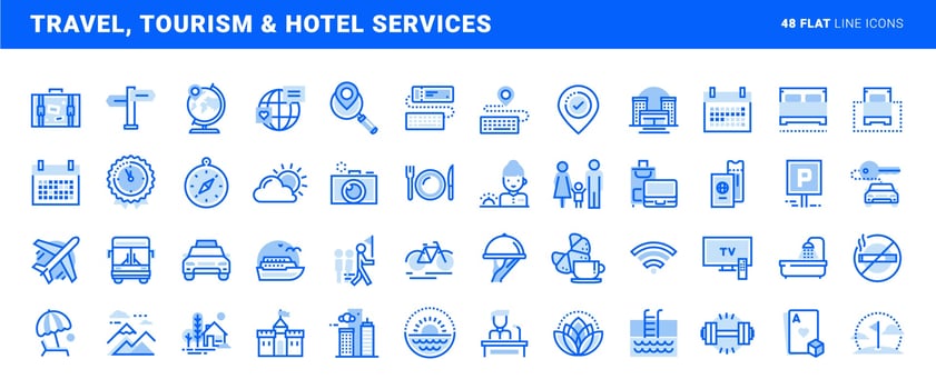 Set of flat line icons of travel, tourism and hotel services. Vector concepts for website and app design and development.