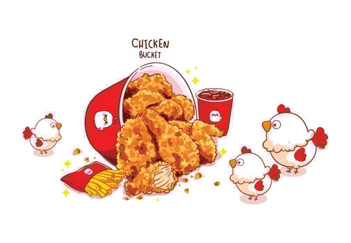 Fried chicken bucket and drumsticks and cute chicken cartoon art illustration vector