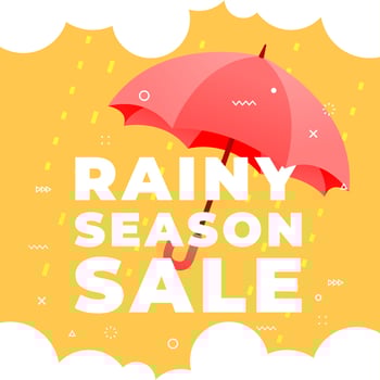 Rainy season sale with red umbrella on yellow background banner. vector