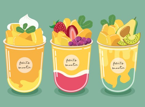 Mango Smoothie. The pulp of golden yellow mango and blueberry, strawberry, avocado and kiwi fruit vector