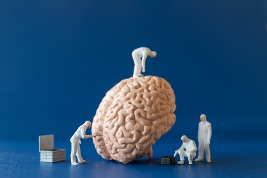 Miniature people, scientists observing and discussing the human brain, medical healthcare and surgical doctor service concept. photo