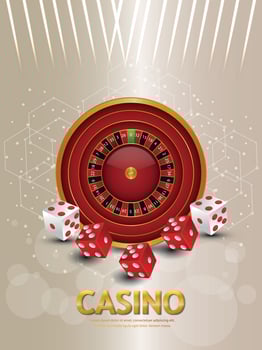 Casino gambling game with roulette wheel and dice on creative background vector