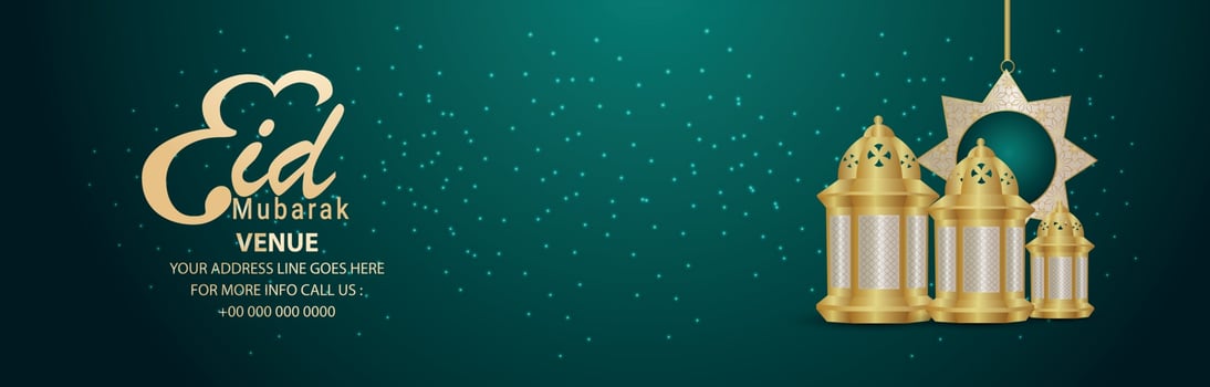 Eid mubarak islamic festival banner or header with creative lantern vector