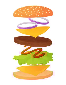 Classic burger ingredients set on layers  contain sesame bun  beaf cutlet or meat  cheese  lettuce  ketchup sauce  onion rings  Fastfood concept  Stock vector illustration in flat cartoon style isolated on white background