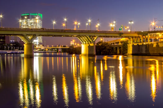 Philadelphia, PA, Nov 13, 2016 - Bridge reflected in water at night photo