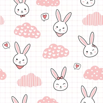 Cute rabbit bunny head and pink cloud cartoon doodle seamless pattern vector