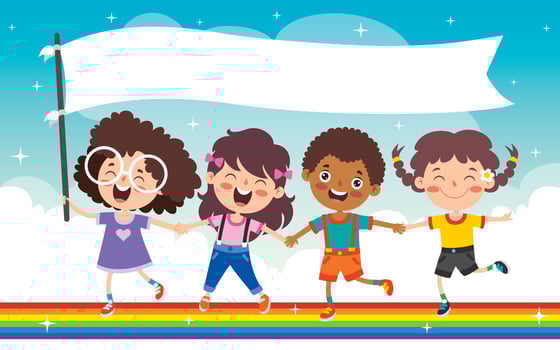 Multi Ethnic Kids Playing On Rainbow vector