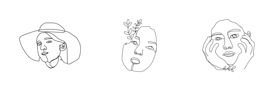 Womens faces in one line art style with flowers and leaves Continuous line art in elegant style for prints tattoos posters textile cards etc Beautiful women face Vector illustration