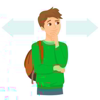Young man deciding between two options to take vector