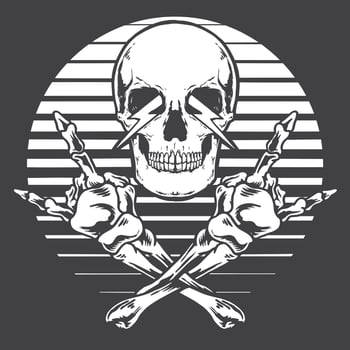 Crossed skull hands rock and roll monochrome vector