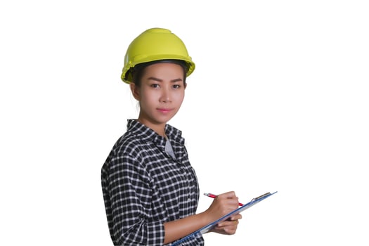 Asian woman in hard hat white background photo