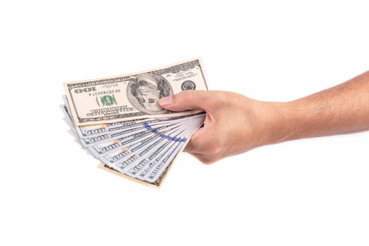 Man hand holding dollar isolated on white background photo