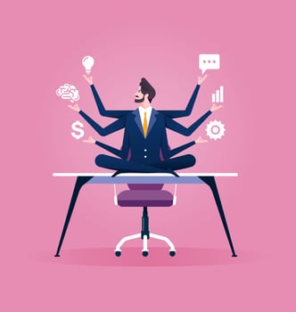 Multitasking. Businessman sitting in yoga lotus pose vector
