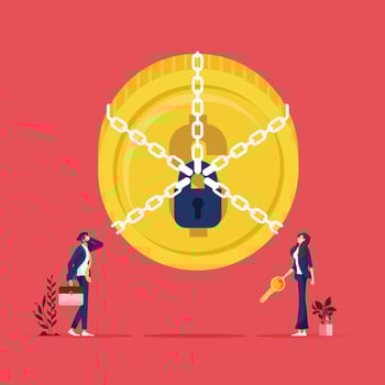 Money is locked. Business people with key to unlocking dollar sign with chain vector