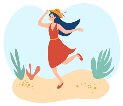 Happy young woman walking on the beach. Lady in a summer dress holds her hat. Happy smiling woman goes at outdoor on summer sunny weather. vector